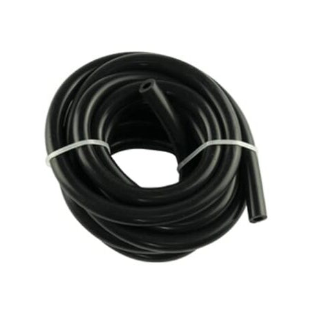 Coiled black rubber hose on a white background